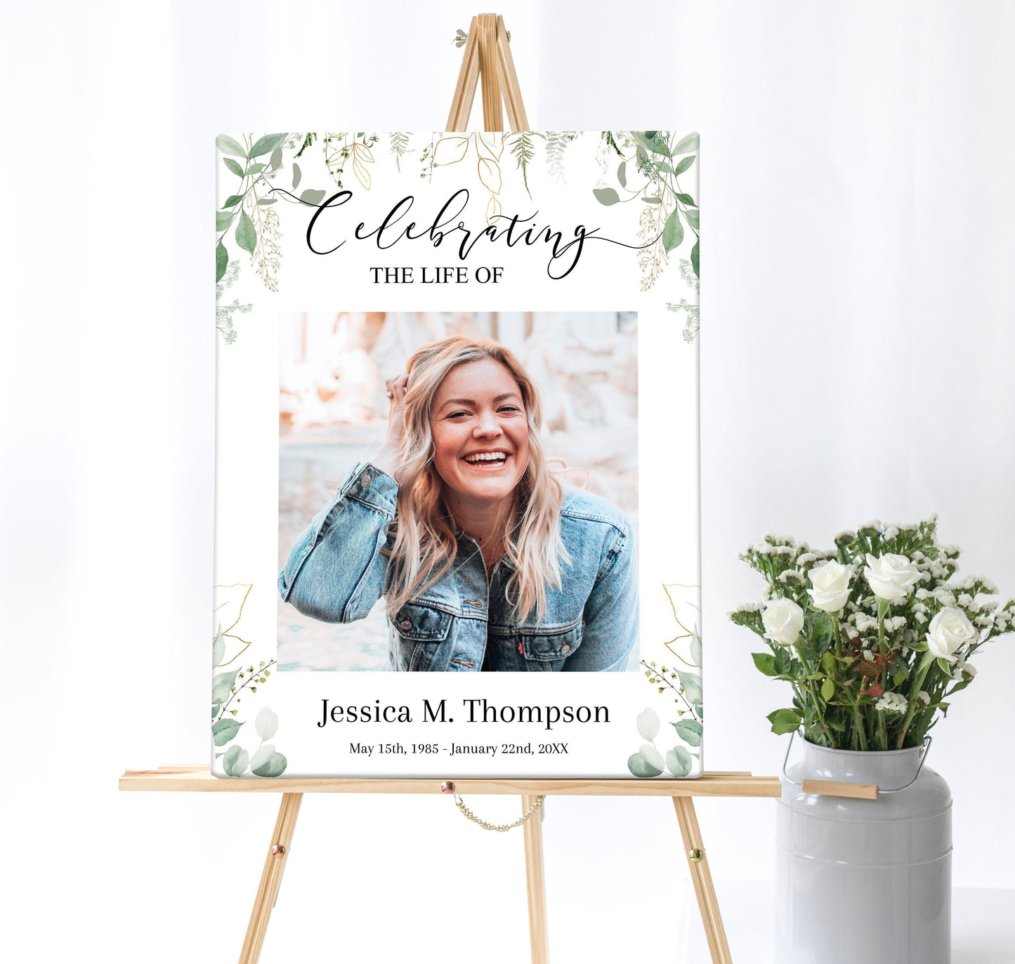 Single Funeral Poster Template With Leafy Green Background - lovingmemoryprints