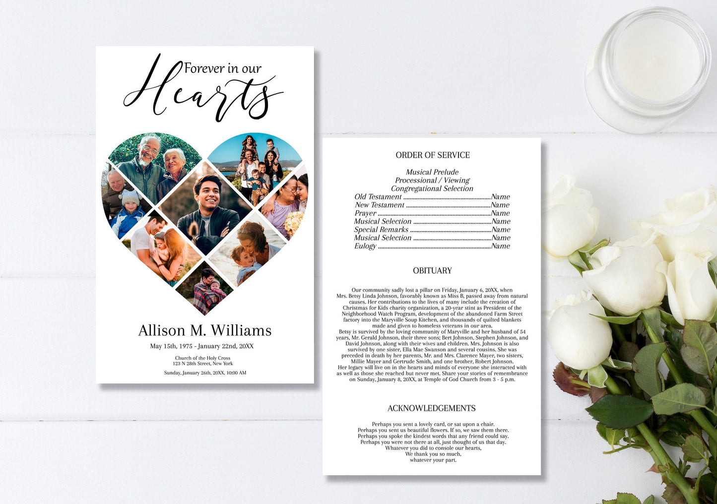 Single Page (double - sided) Heart Collage Funeral Program Template - lovingmemoryprints