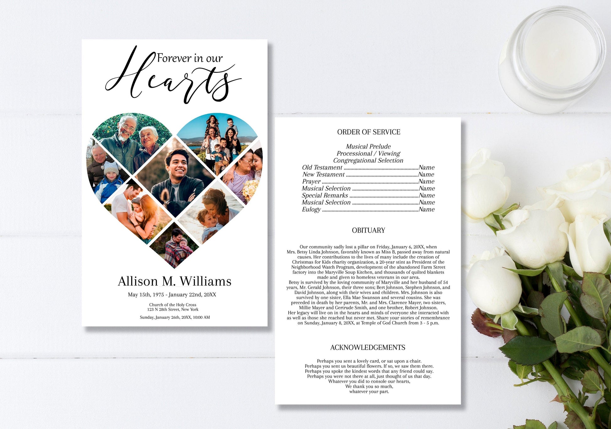 Single Page (double - sided) Heart Collage Funeral Program Template - lovingmemoryprints
