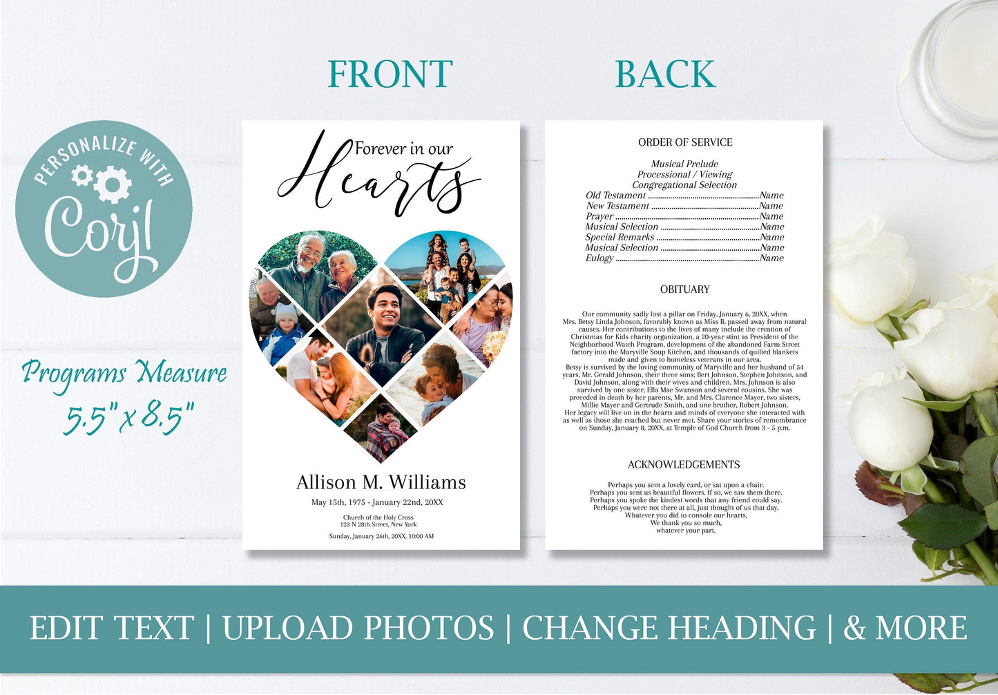 Single Page (double - sided) Heart Collage Funeral Program Template - lovingmemoryprints