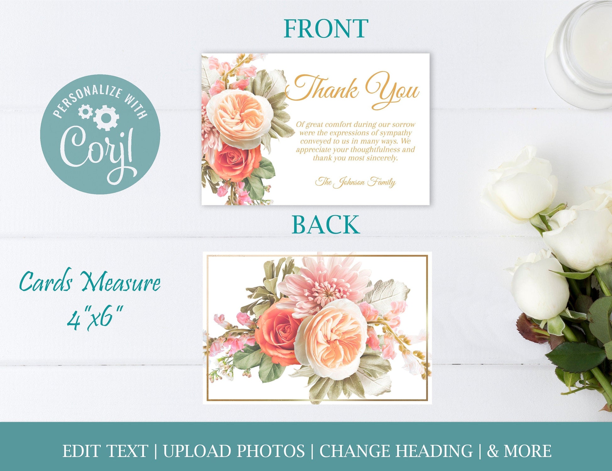 Small Boquet Of Roses Funeral Thank You Cards Template - lovingmemoryprints