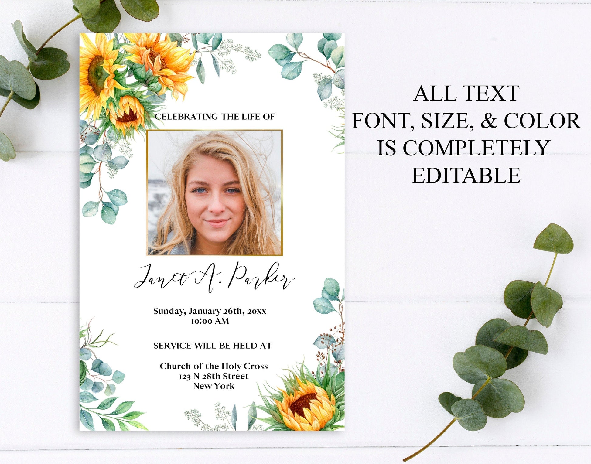 Sunflower Funeral Invitation Template With Center Photo - lovingmemoryprints