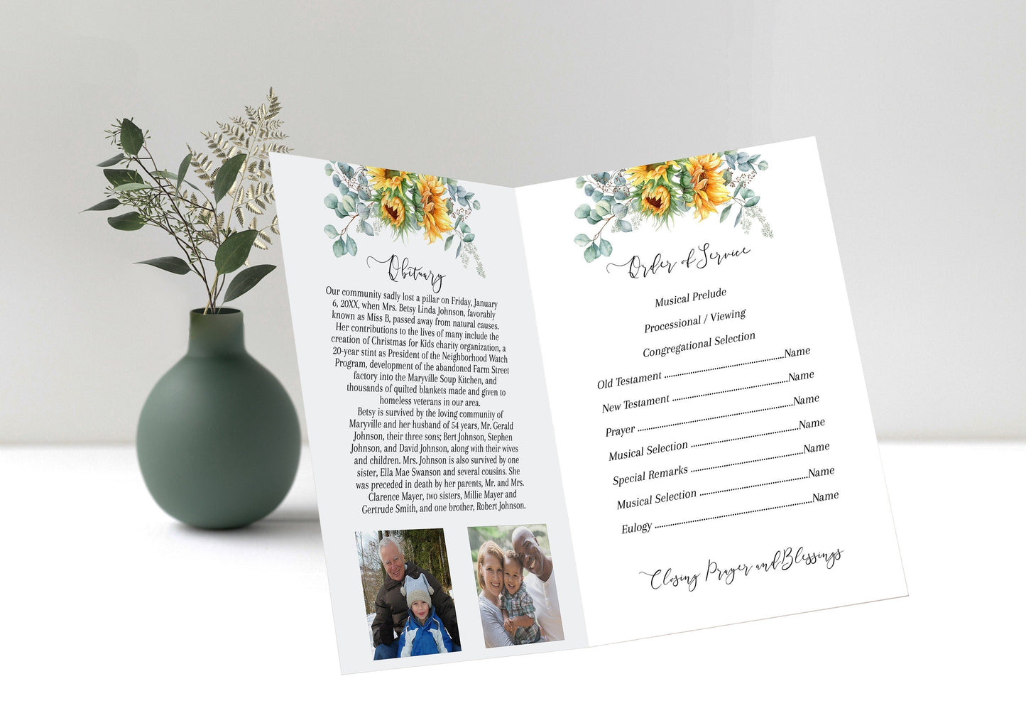 Sunflower Funeral Program Template for Woman - 4 page - lovingmemoryprints
