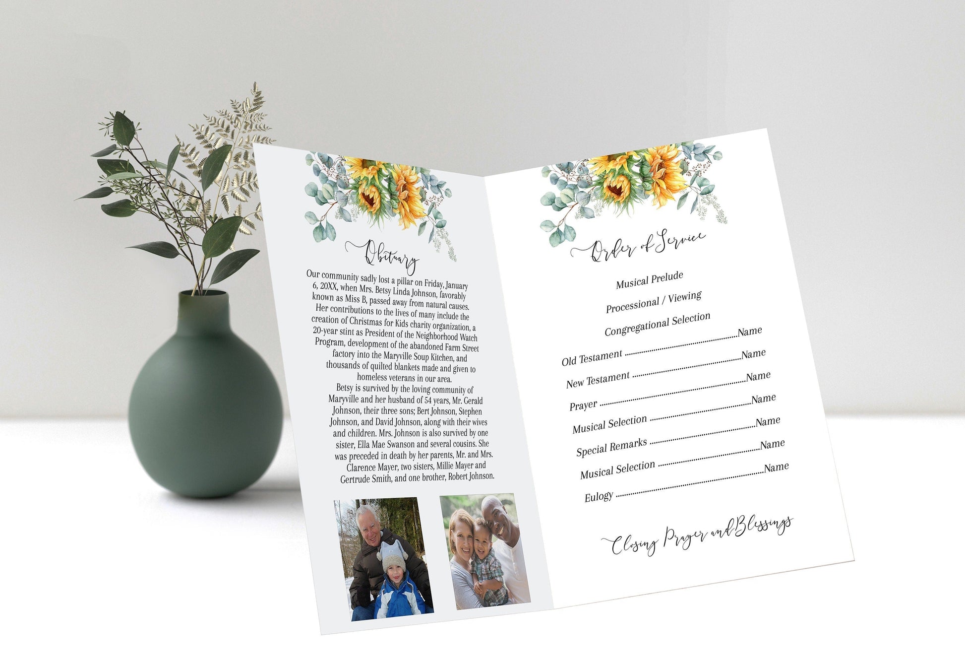 Sunflower Funeral Program Template for Woman - 4 page - lovingmemoryprints