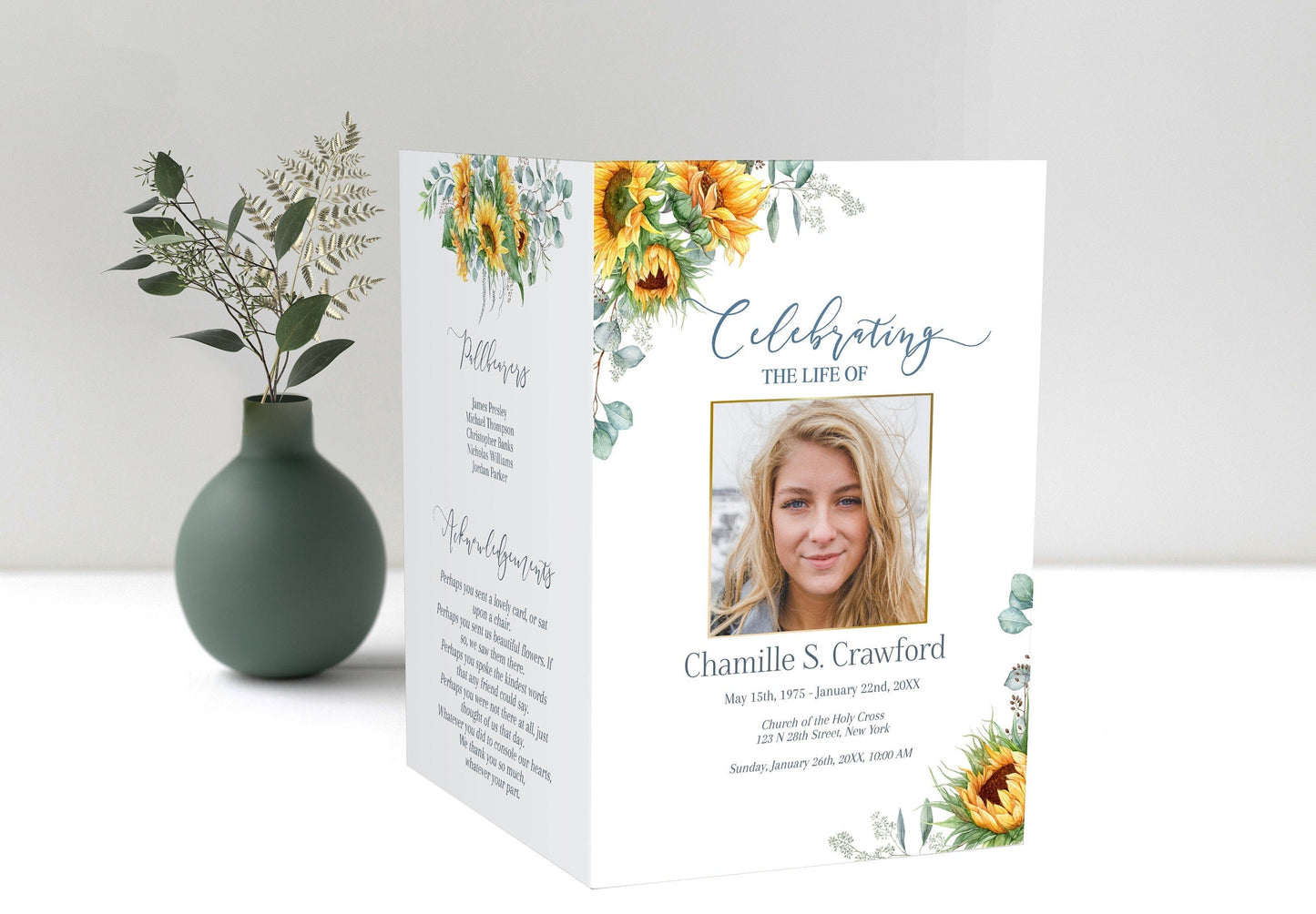 Sunflower Funeral Program Template for Woman - 4 page - lovingmemoryprints