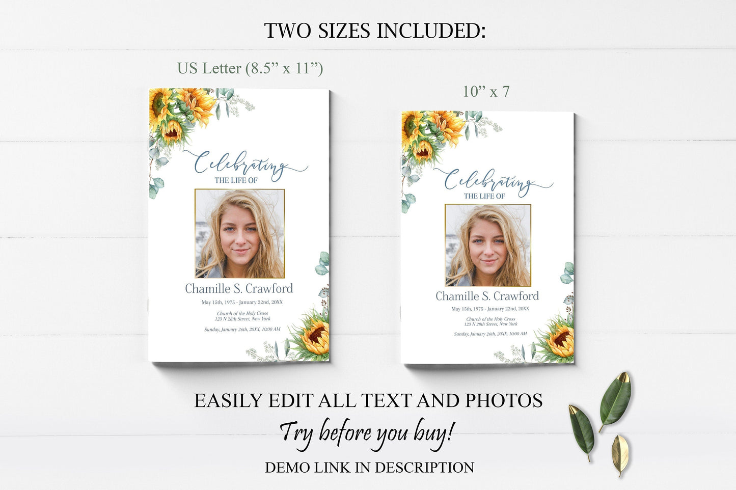 Sunflower Funeral Program Template for Woman - 4 page - lovingmemoryprints