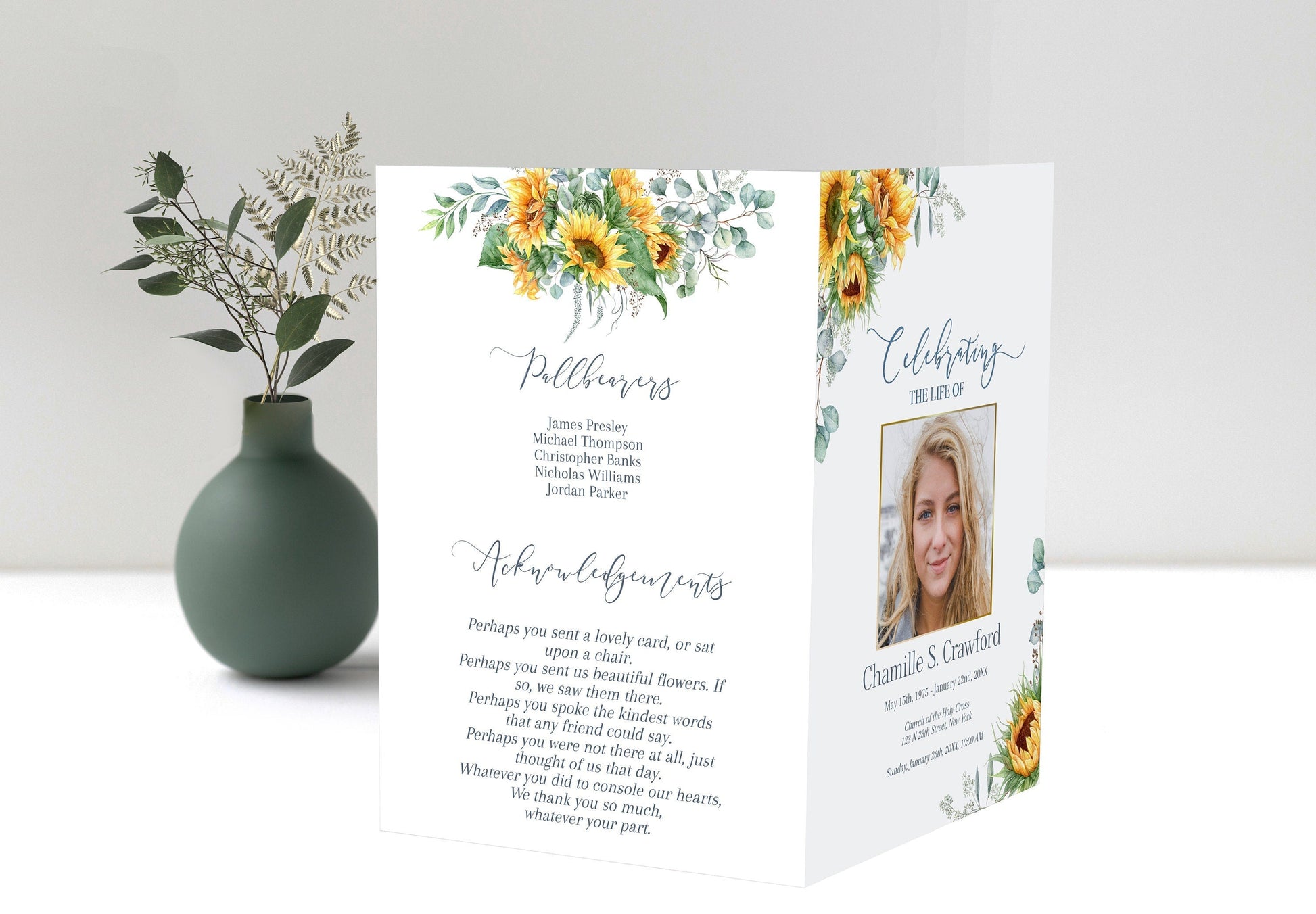 Sunflower Funeral Program Template for Woman - 8 page - lovingmemoryprints