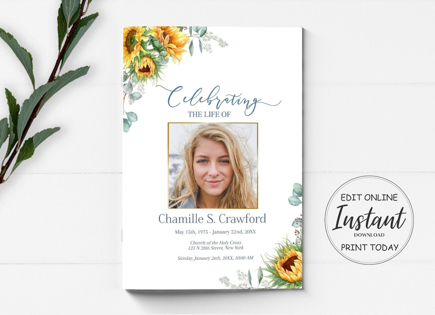 Sunflower Funeral Program Template for Woman - 8 page - lovingmemoryprints