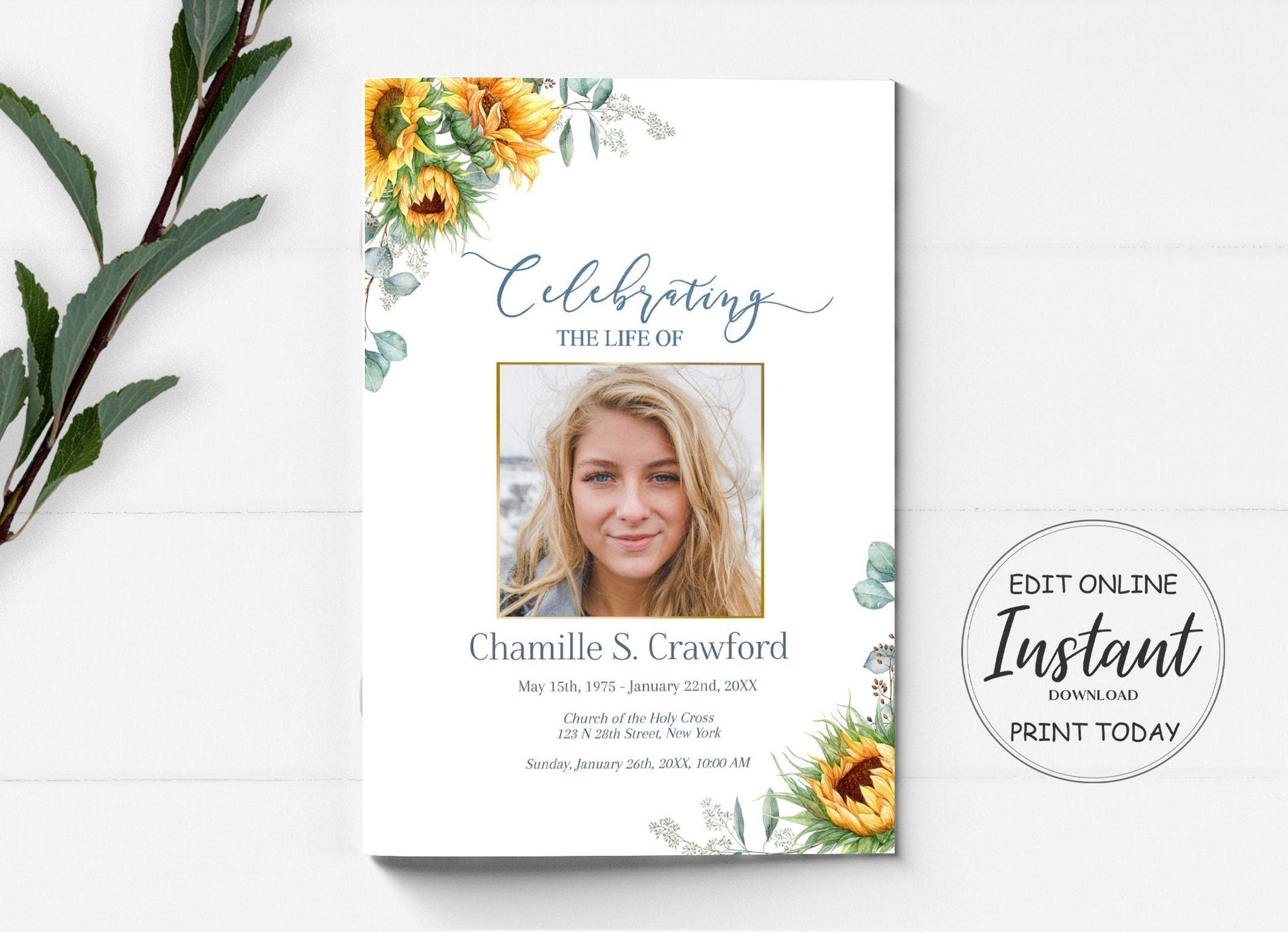 Sunflower Funeral Program Template for Woman - 8 page - lovingmemoryprints