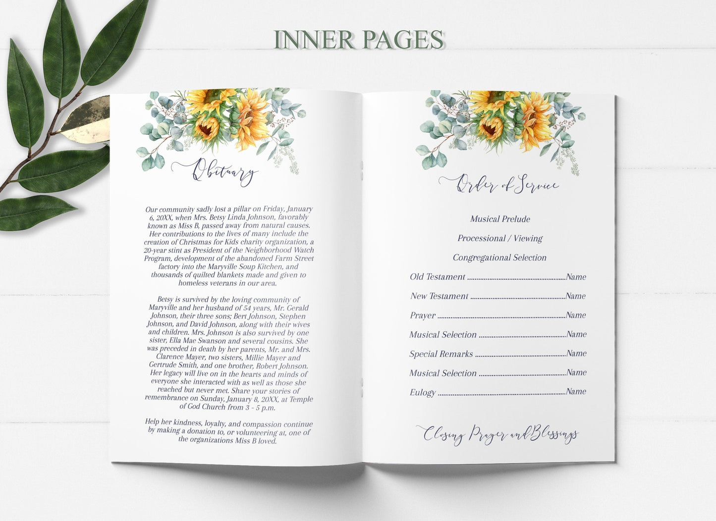 Sunflower Funeral Program Template for Woman - 8 page - lovingmemoryprints