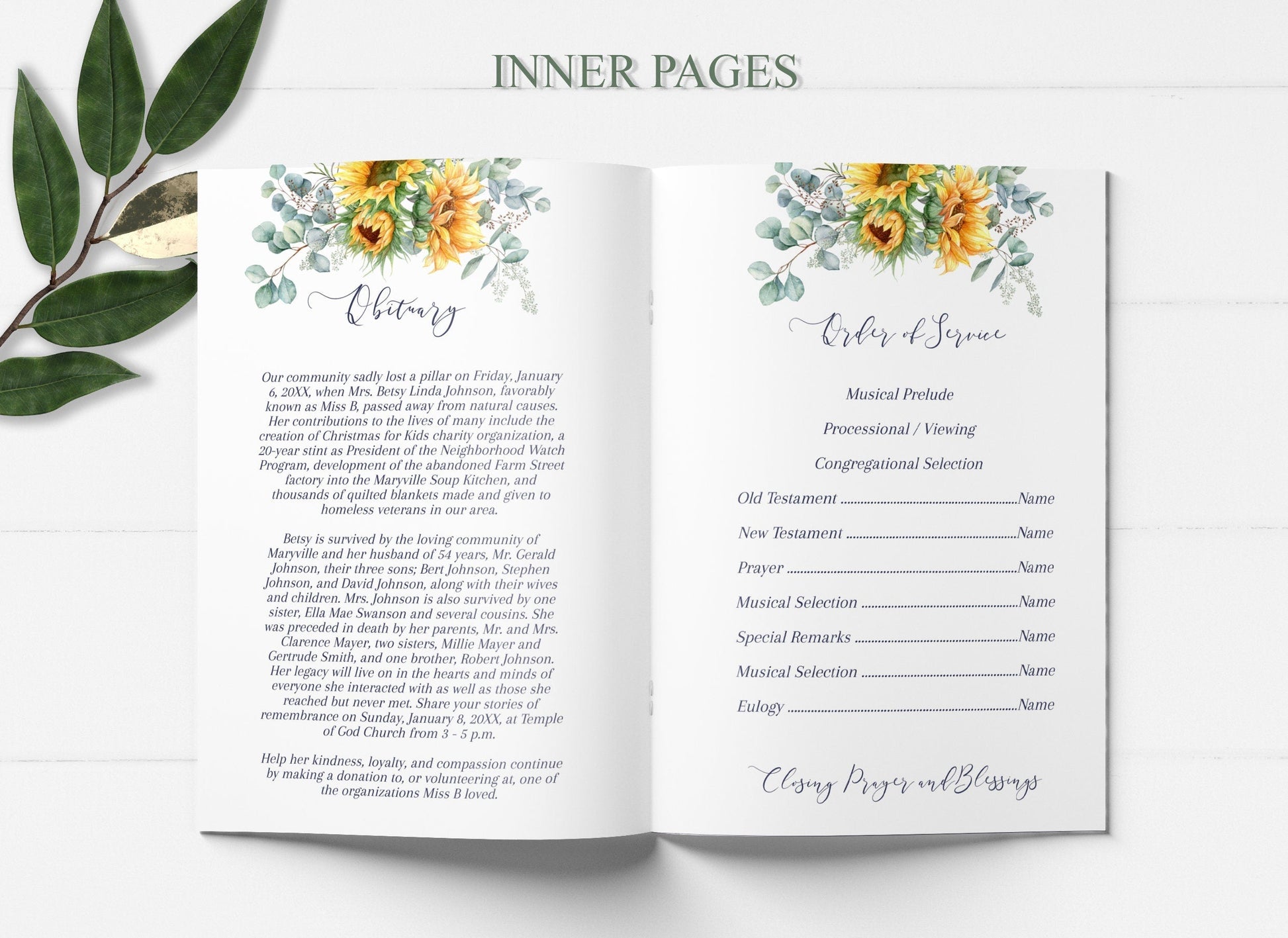 Sunflower Funeral Program Template for Woman - 8 page - lovingmemoryprints