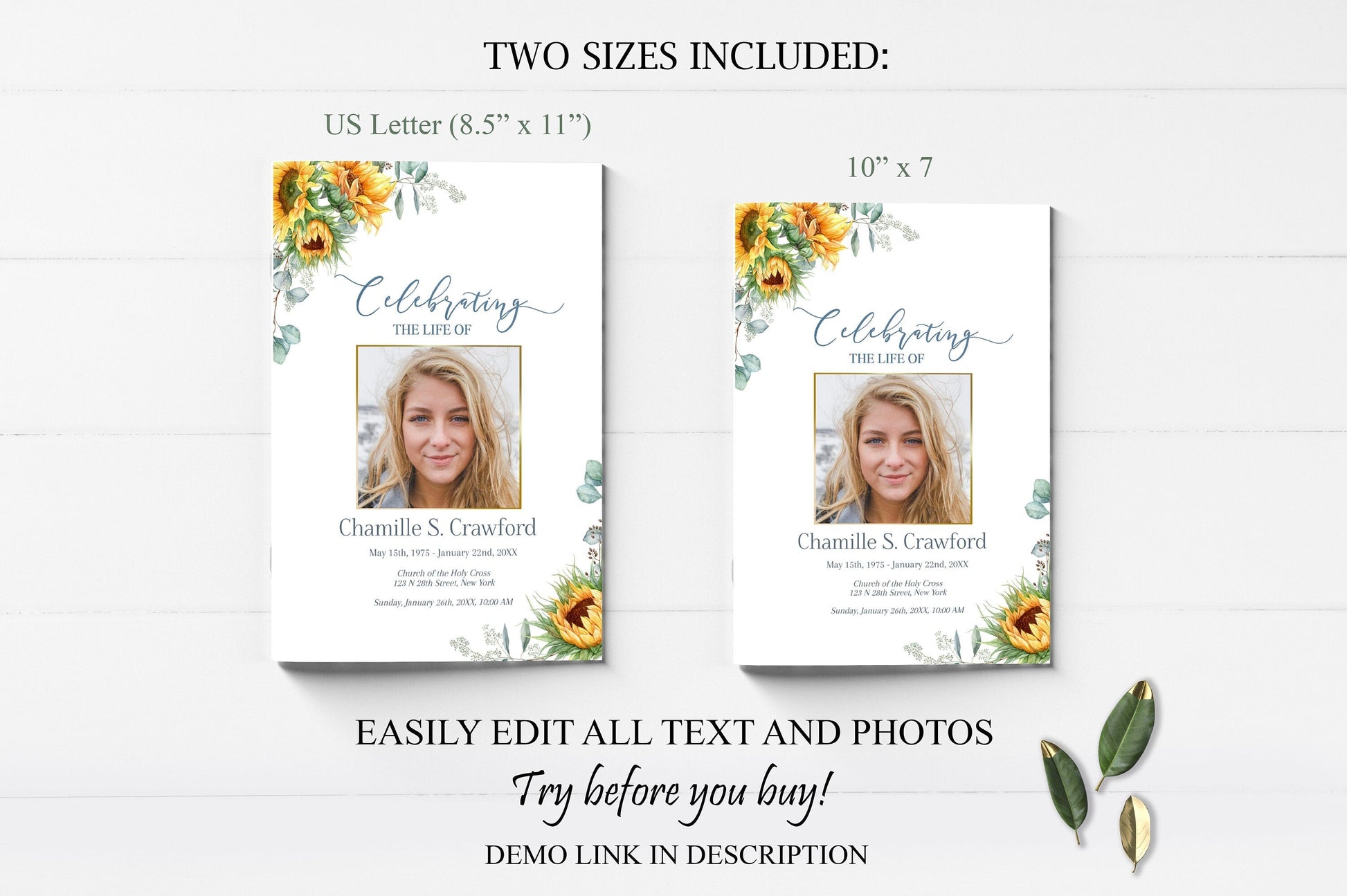 Sunflower Funeral Program Template for Woman - 8 page - lovingmemoryprints