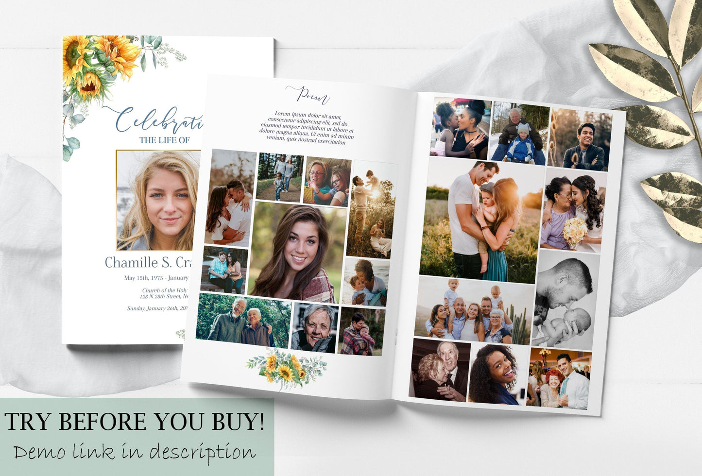 Sunflower Funeral Program Template for Woman - 8 page - lovingmemoryprints