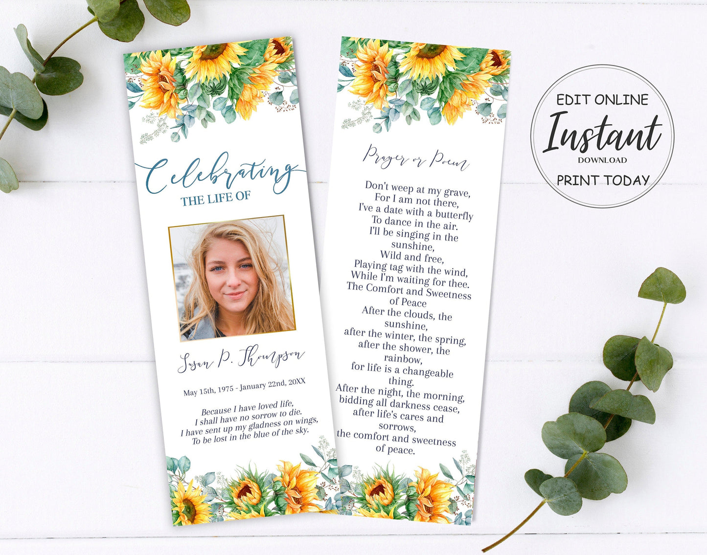 Sunflowers Themed Memorial Bookmark Templates - lovingmemoryprints
