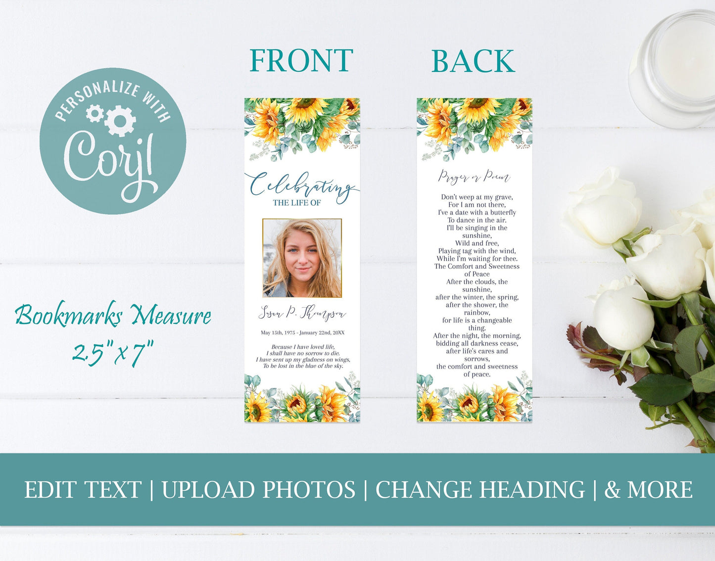 Sunflowers Themed Memorial Bookmark Templates - lovingmemoryprints