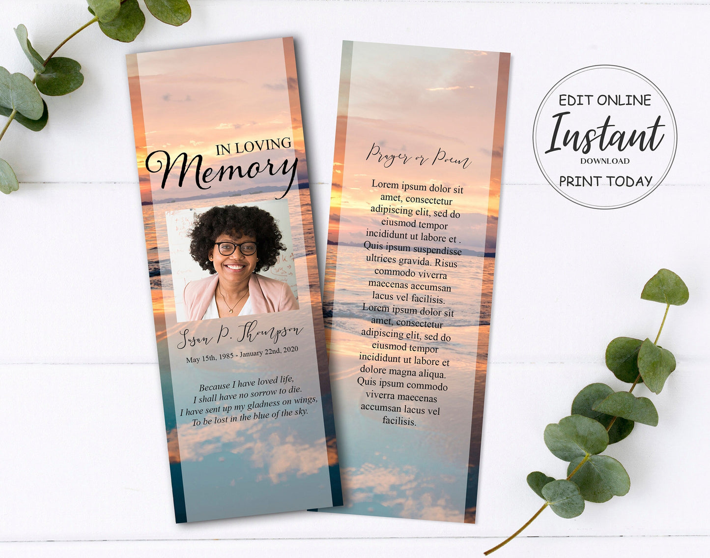 Sunset Funeral Bookmark Keepsake Template - lovingmemoryprints