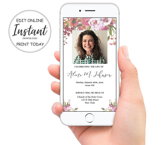 White and Pink Funeral Invitation Template - Digital & Physical - lovingmemoryprints