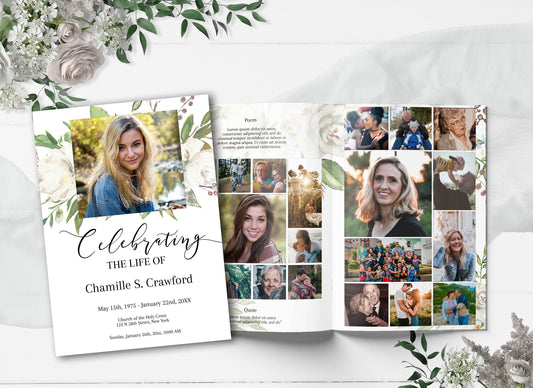 White Roses Obituary Template with Gold & Greenery - 8 Page - lovingmemoryprints