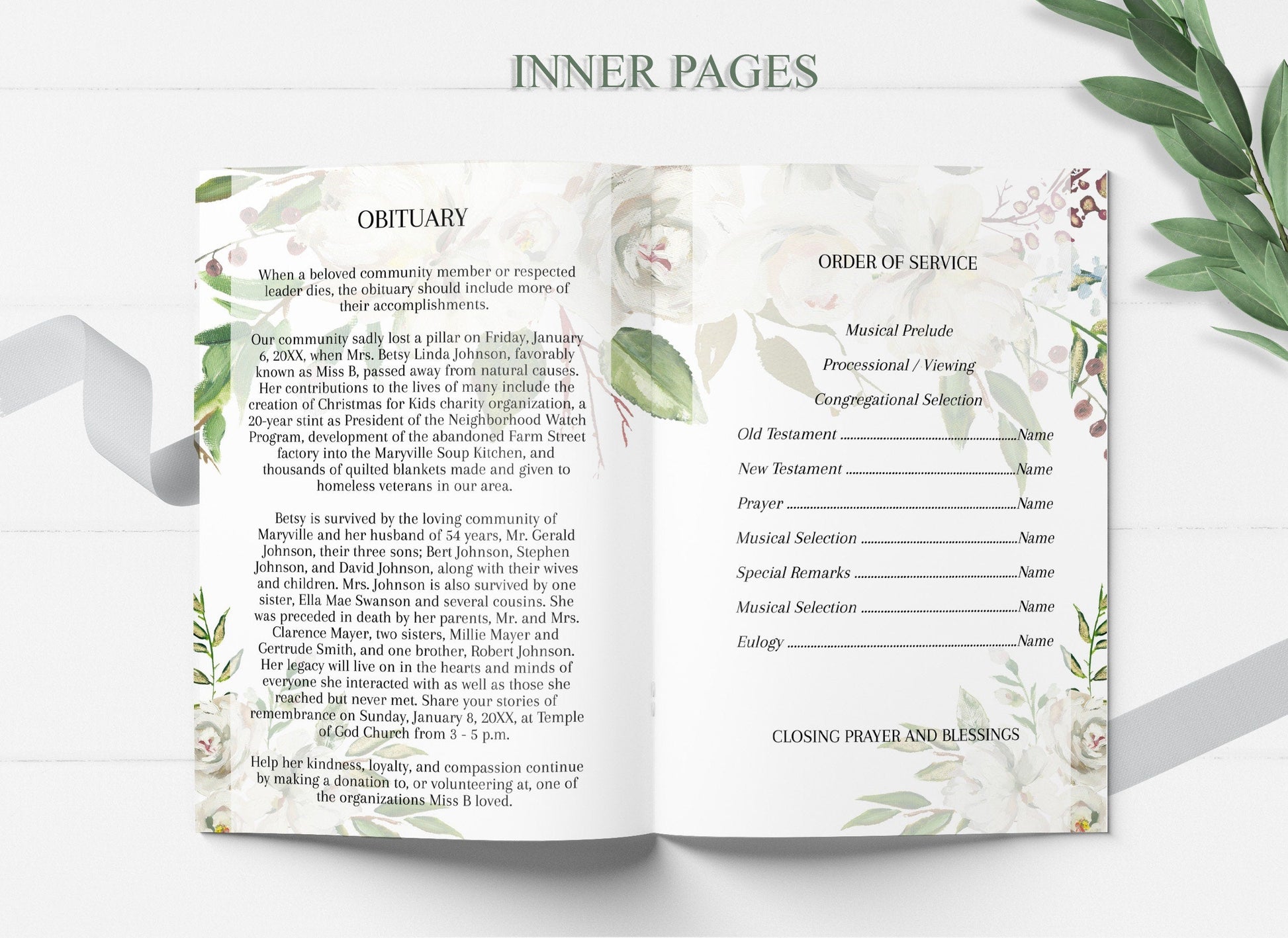 White Roses Obituary Template with Gold & Greenery - 8 Page - lovingmemoryprints