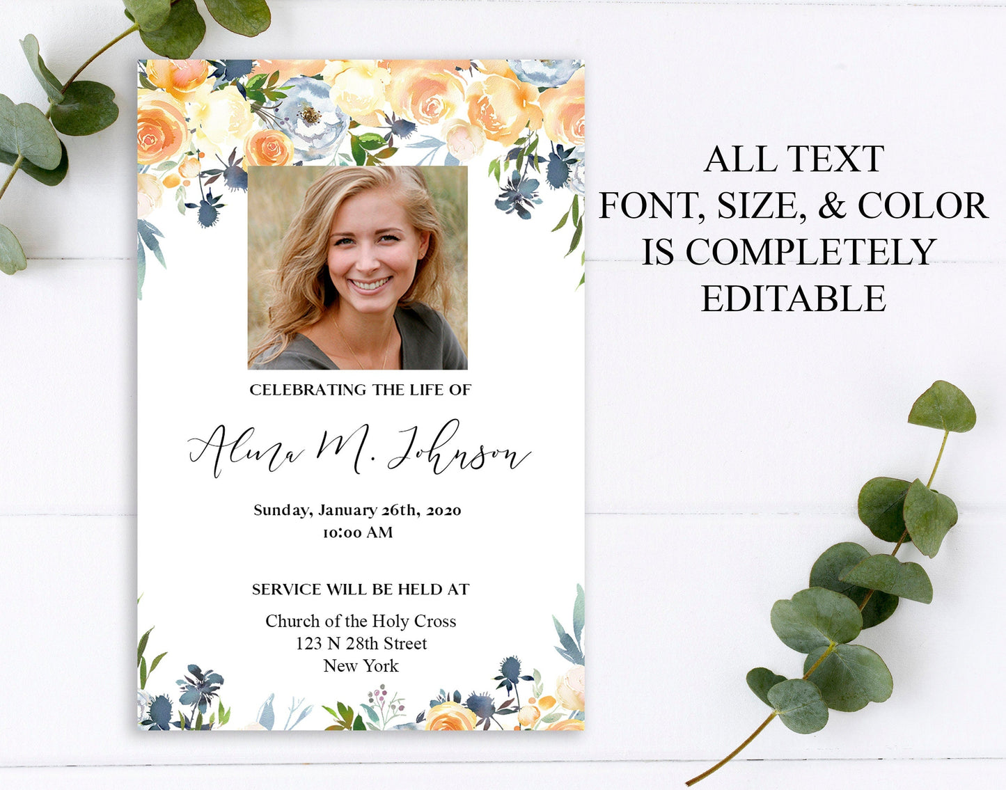 Yellow Floral Funeral Announcement Template - lovingmemoryprints
