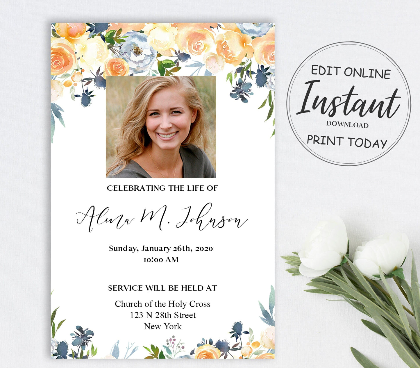 Yellow Floral Funeral Announcement Template - lovingmemoryprints