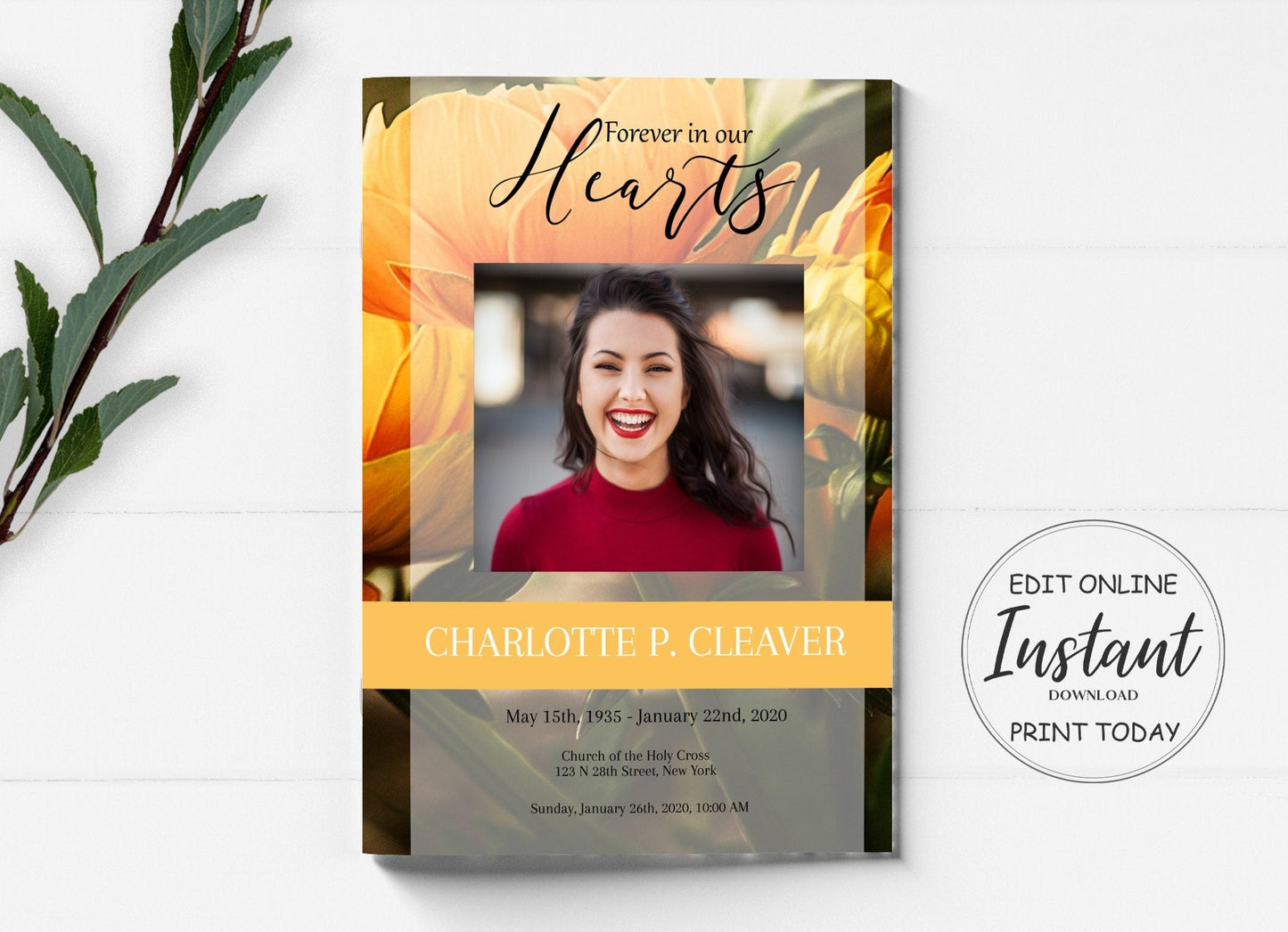 Yellow Flower 8 Page Funeral Program Template - lovingmemoryprints