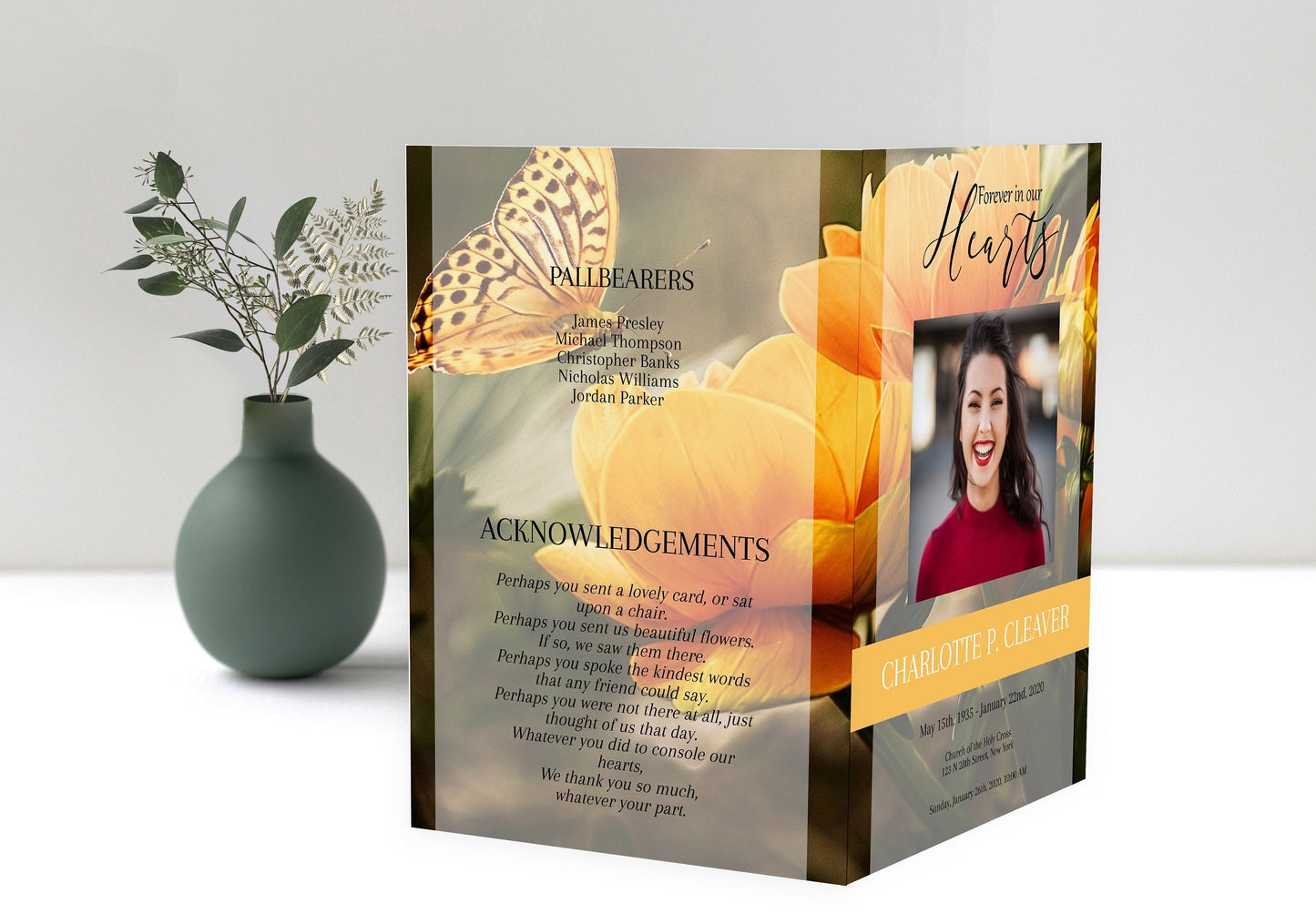 Yellow Flower 8 Page Funeral Program Template - lovingmemoryprints