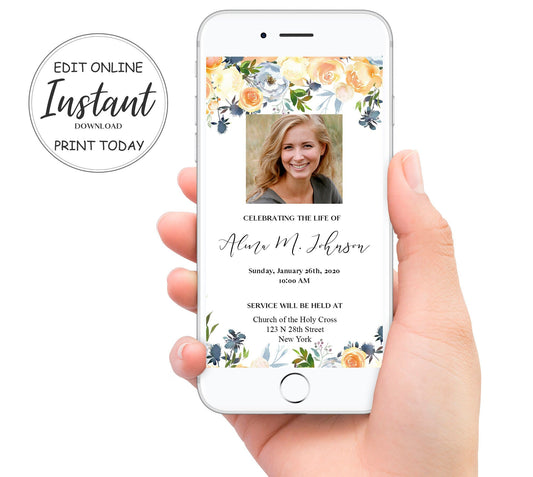 Yellow Flower Funeral Invitation Template - Digital & Physical - lovingmemoryprints