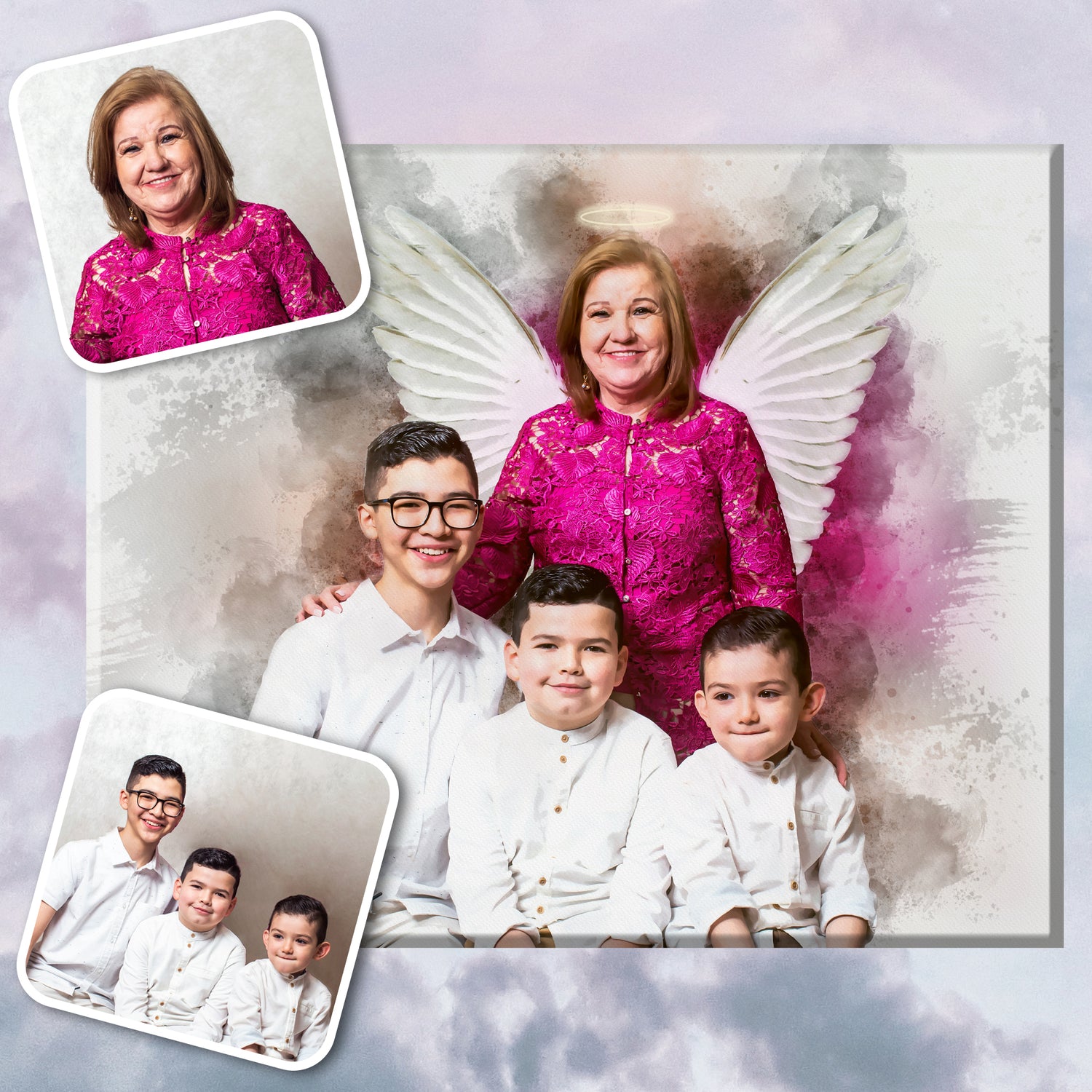 A GrandMother is in a painting with angel wings and a halo above her grand children