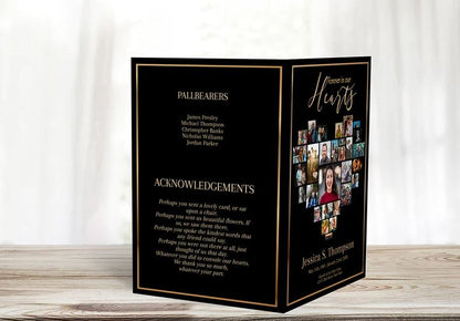 Heart Shaped Photo Collage With Black and Gold Funeral Program Template - 8 Page