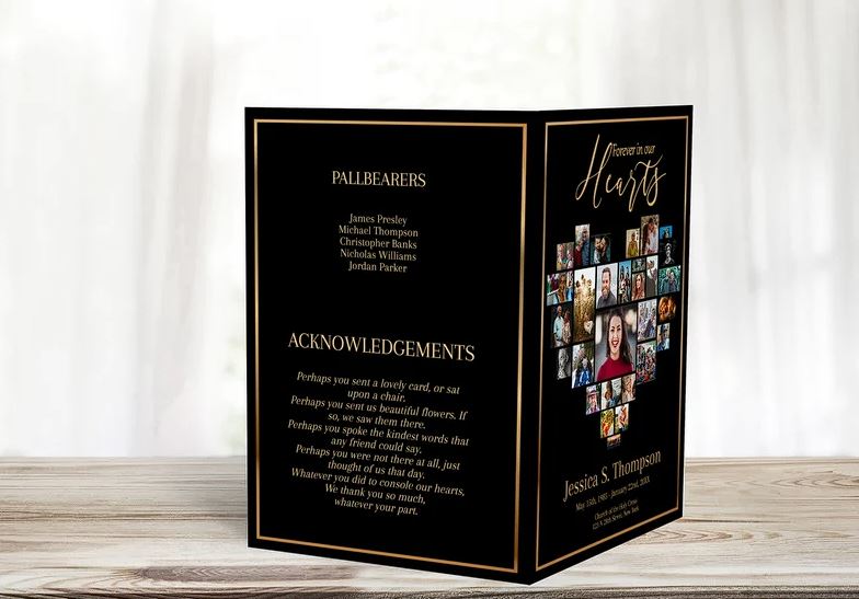 Heart Collage Funeral Program Template - Black Background & Gold Text - 4 Page