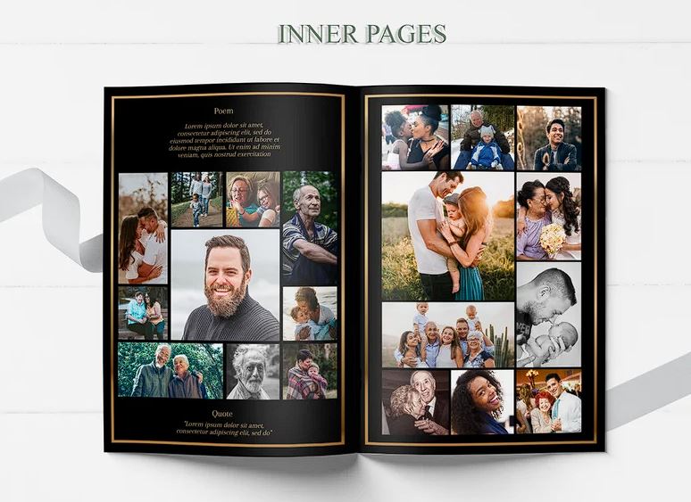 Heart Shaped Photo Collage With Black and Gold Funeral Program Template - 8 Page