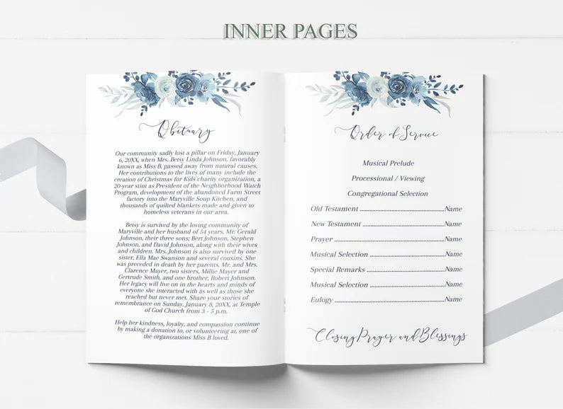 Navy Blue Rose Theme Funeral Program Template - 8 Page