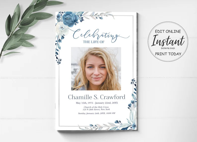 Navy Blue Rose Theme Funeral Program Template - 8 Page
