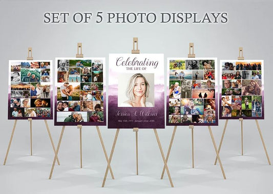 Memorial poster photo display set with photo collages  one display on each side with a purple black ground