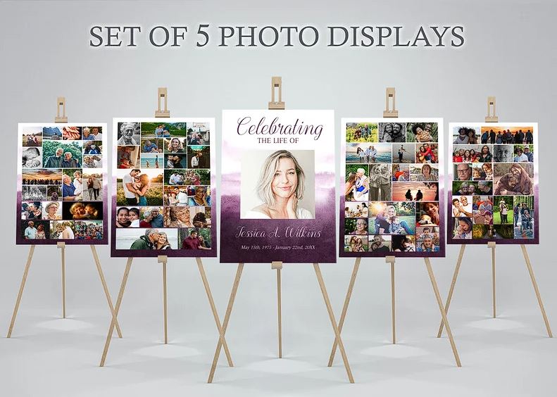 Memorial poster photo display set with photo collages  one display on each side with a purple black ground