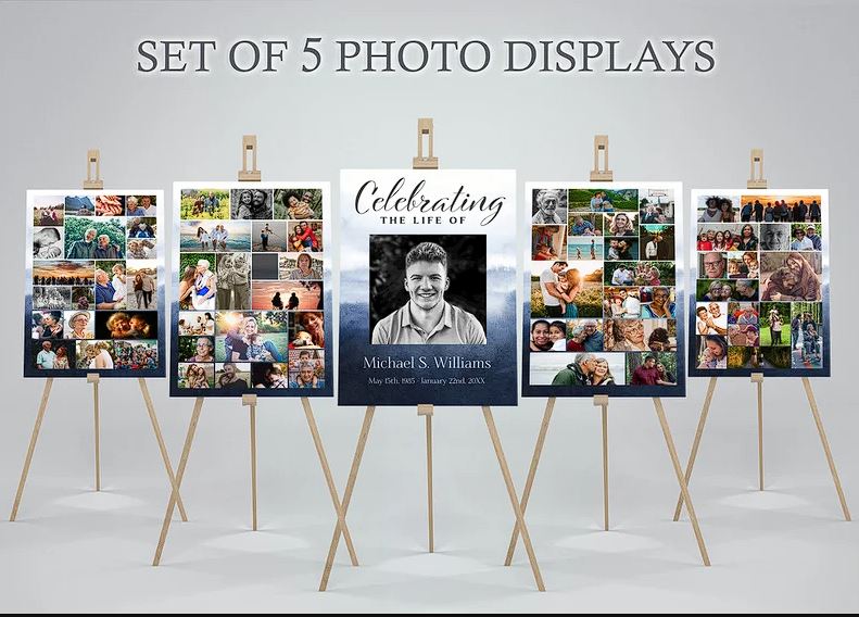 Fiver funeral poster templates sit in a row with blue watercolor themed backgrounds. The center poster has a large photo and the side posters a photo display collages.