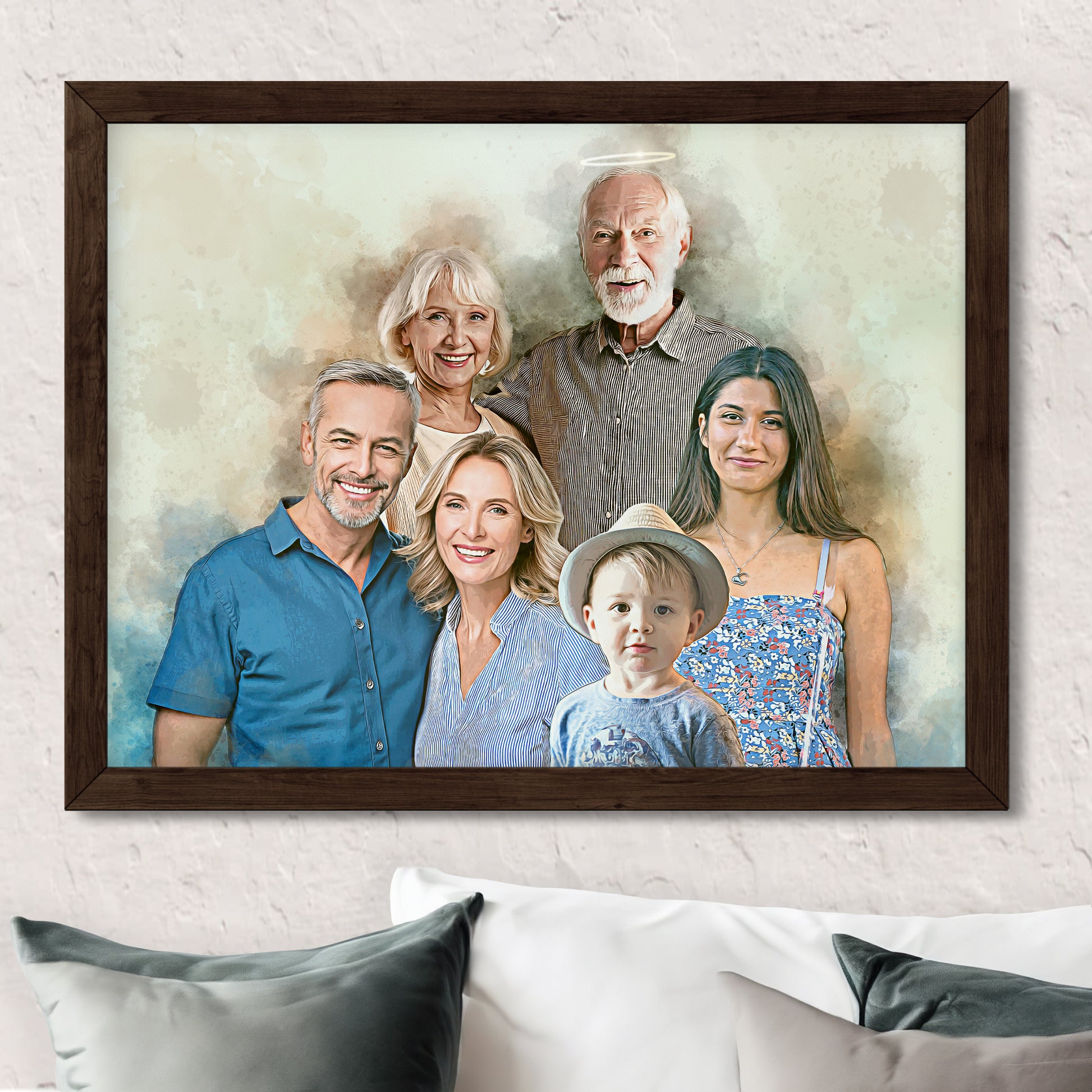 A father is added to a photo of his family with a halo above his head in  a painting