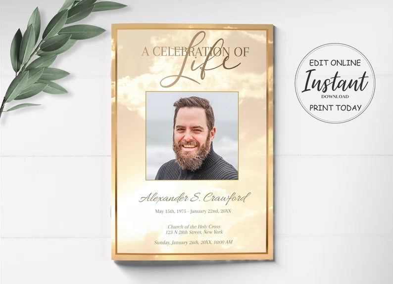 A celebration of life is written on the front of a funeral program with golden clouds.