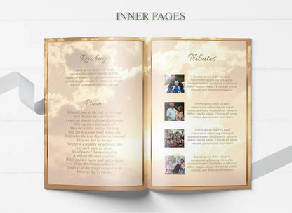 The inner pages of a funeral program can be seen, it has a cloudy gold background with photos and text inside