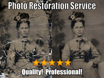 Two black and white photos sit side by side with photo restoration Service written over them. One image has scratches and damage on it the other is restored and looks clean and crisp.