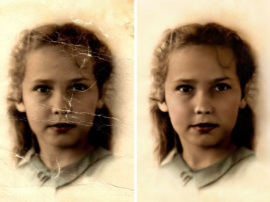 Two identical images sit side by side, one is damaged with scratches and fading, the other is repaired and has a cleaner look to it.