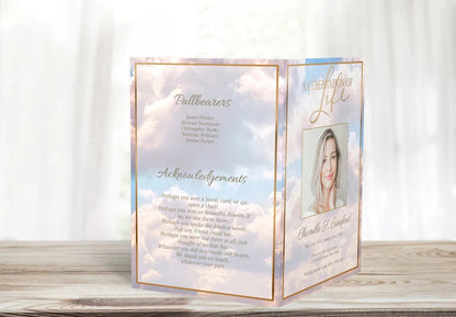 Pink Heavenly Cloud Funeral Program Template - 8 Page