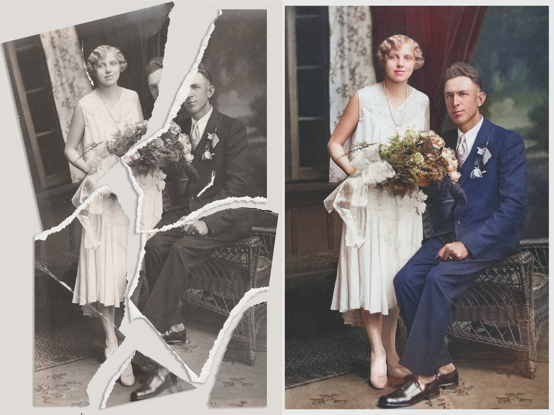 Old photo being restored and colorized from being torn