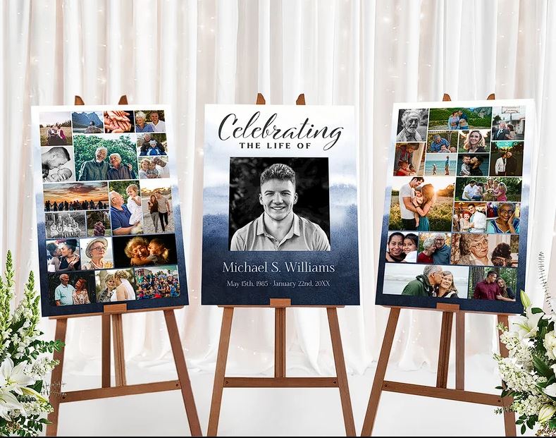Memorial poster templates sit on easels. The posters have blue water color background and photo display collages. 
