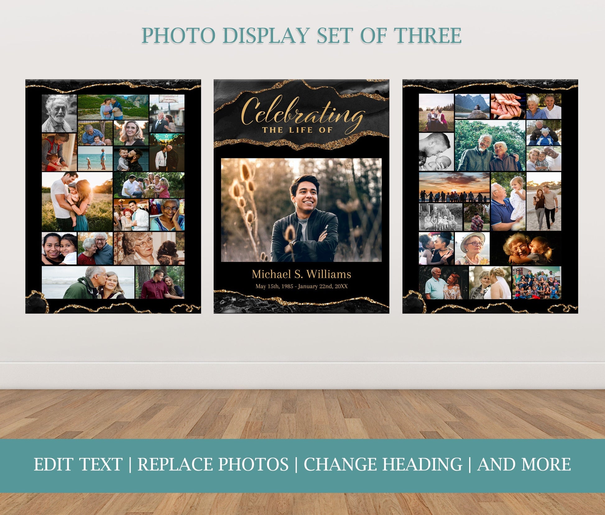 Black and Gold Agate Memorial Poster Template Set of 3 - lovingmemoryprints