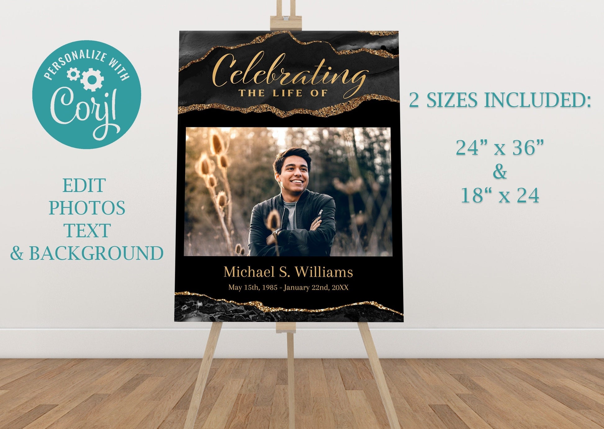 Black and Gold Agate Memorial Poster Template Set of 3 - lovingmemoryprints