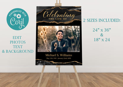 Black and Gold Agate Memorial Poster Template Set of 3 - lovingmemoryprints