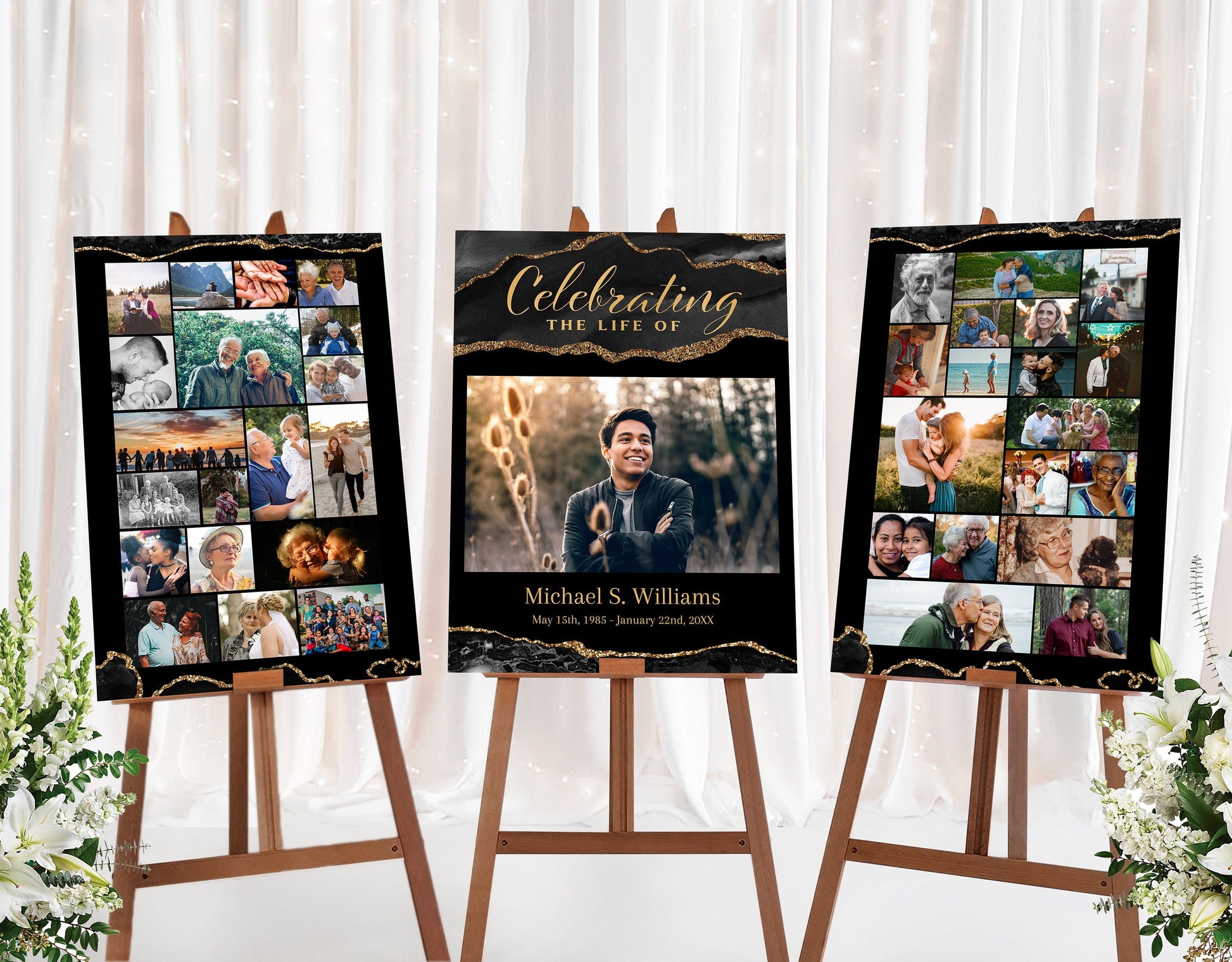 Black and Gold Agate Memorial Poster Template Set of 3 - lovingmemoryprints