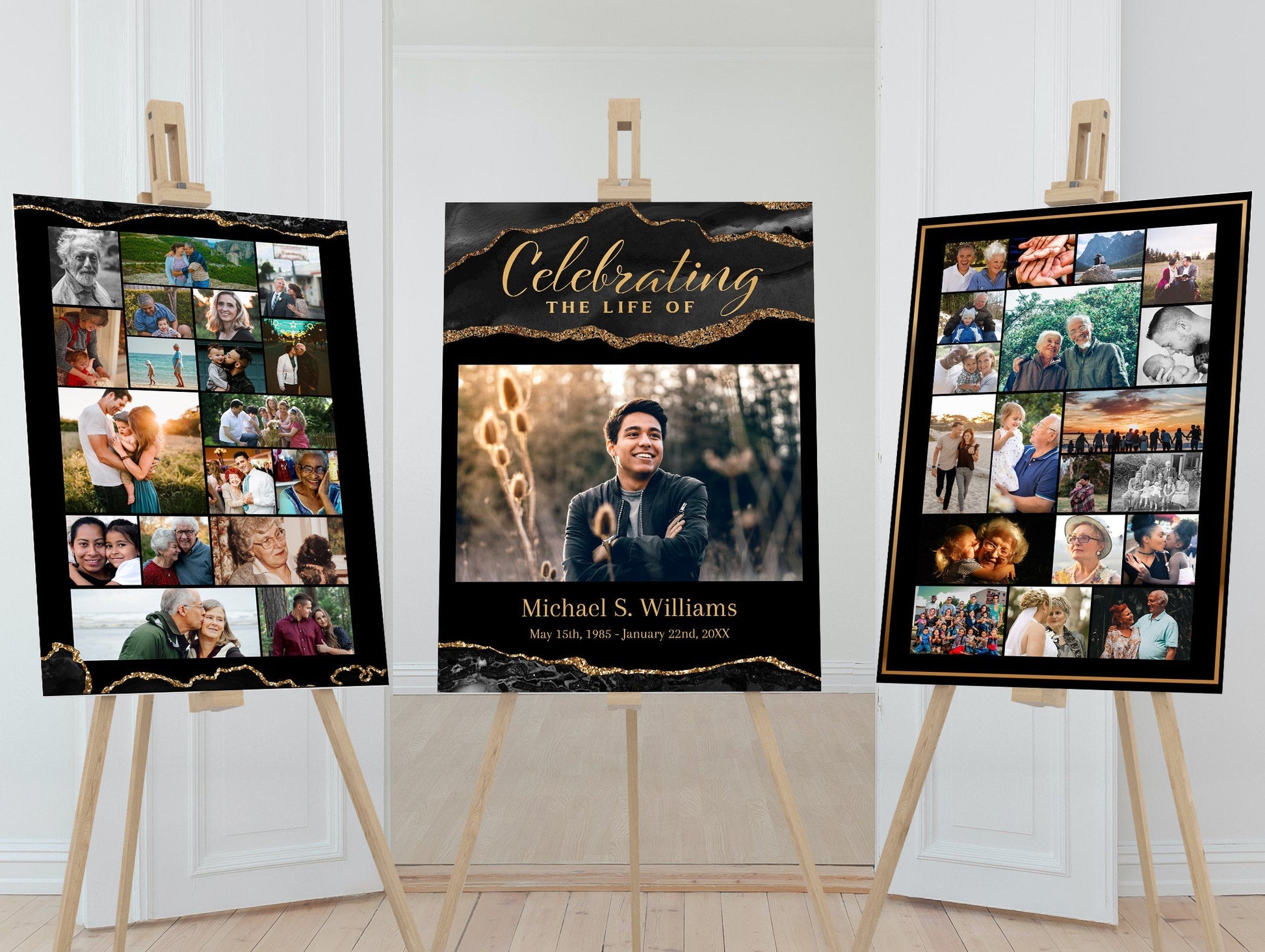 Black and Gold Agate Memorial Poster Template Set of 3 - lovingmemoryprints